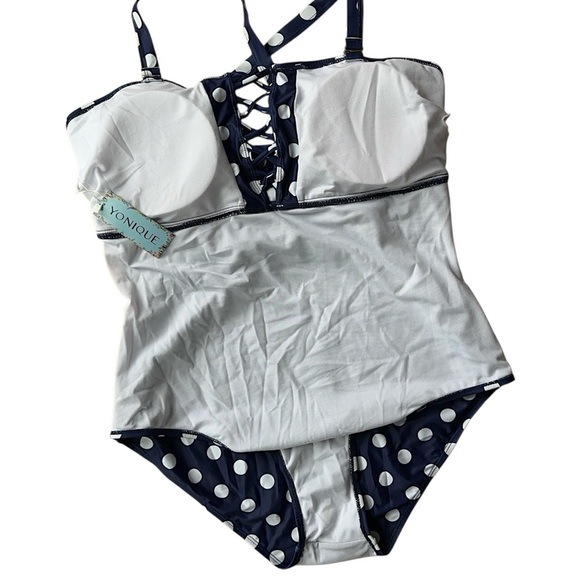 NWT | YONIQUE NAVY BLUE & WHITE POLKA DOT PLUS SIZE RUCHED SWIMSUIT | SIZE: 18 W - Picture 7 of 9